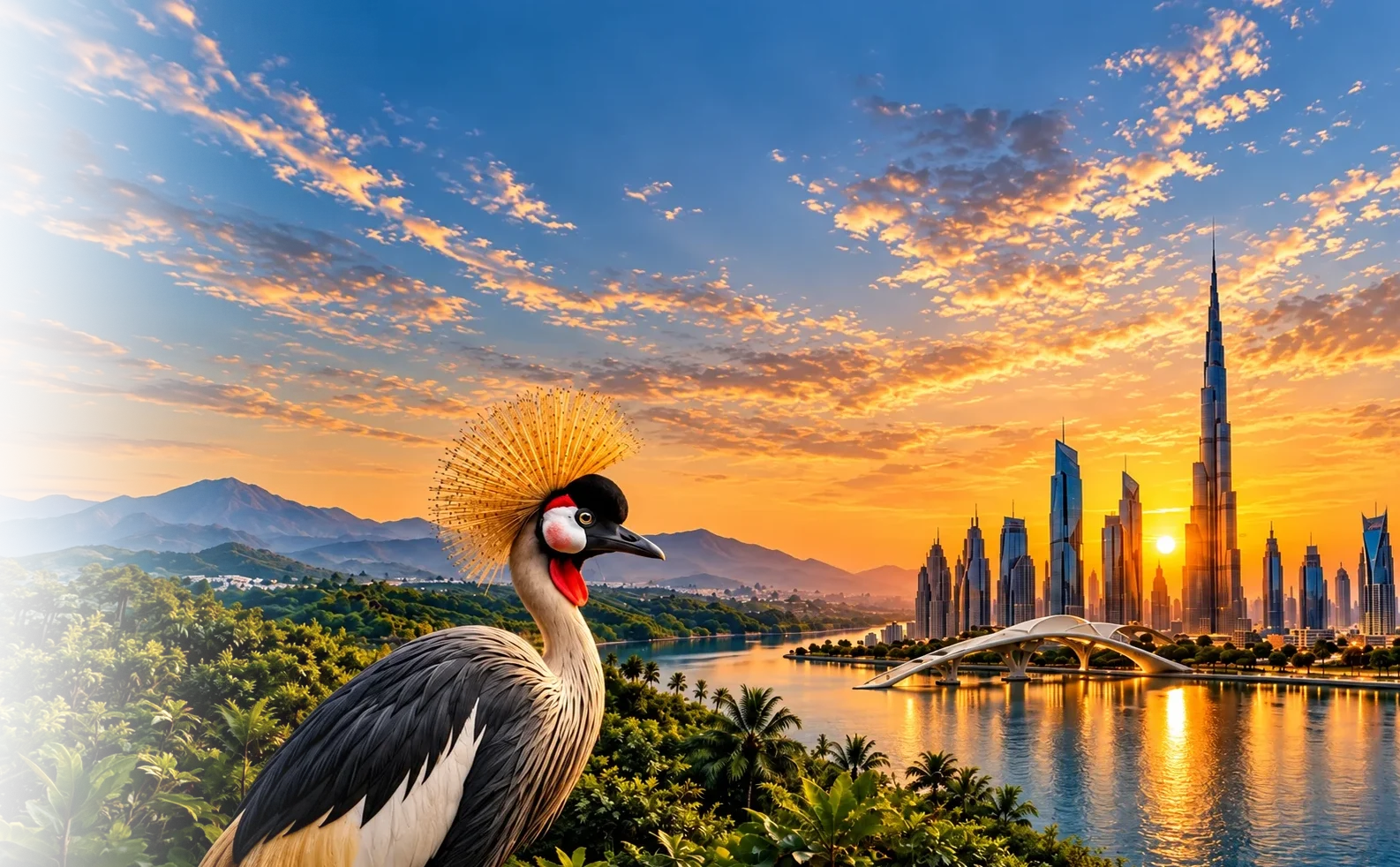 Grey crowned crane in flight over the UAE skyline at sunset
